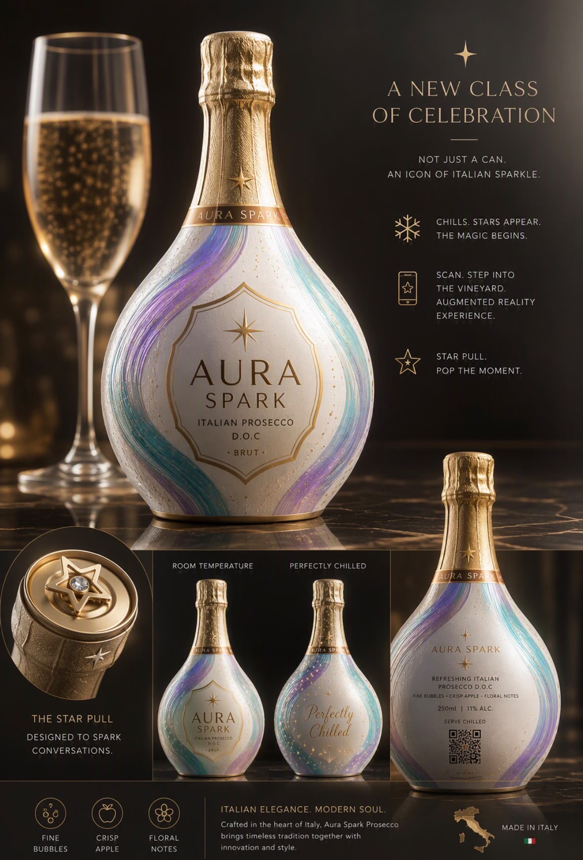 Aura Spark teardrop prosecco bottle with gold foil neck, iridescent swirls and a filled champagne flute