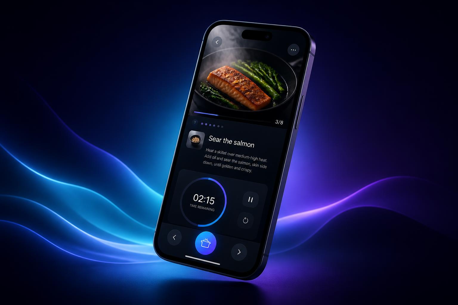 GuideGusto app showing a guided recipe step with a cooking timer