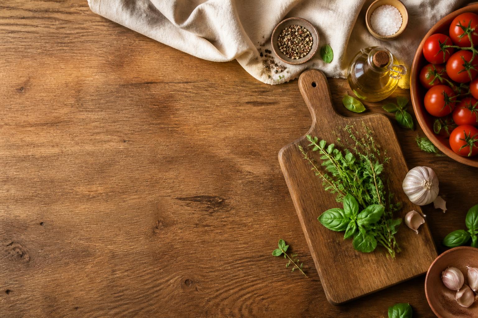 Rustic kitchen table with herbs, tomatoes and olive oil